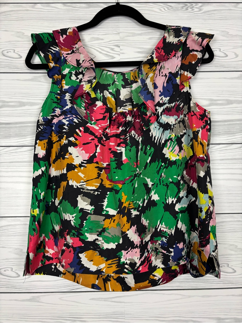 J. Crew silk brushstroke print ruffle neck sleeveless blouse size 8P - Picture 7 of 9